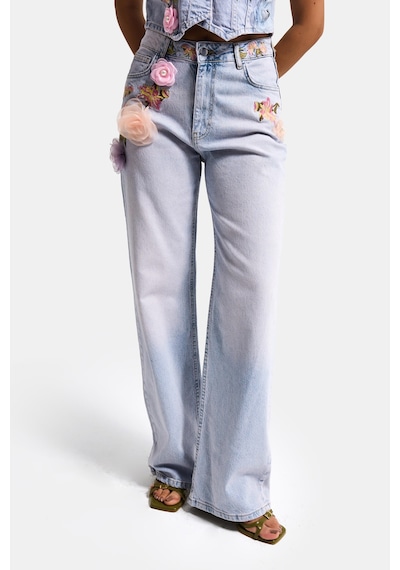 Itsbasic Kadın Kot Rengi 4s6-89 Straight Fit Gül Ve Nakış Detaylı Özel Tasarım Denim Jean Mavi