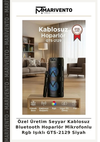 Özel Üretim Seyyar Kablosuz Bluetooth Hoparlör Mikrofonlu Rgb Işıklı Gts-2129 Siyah