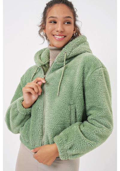 Bigdart 5193 Kapüşonlu Peluş Crop Ceket - E. Yeşil
