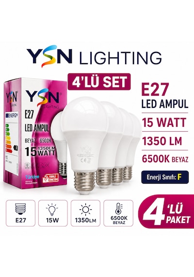 Ysn Lighting E27 Led Ampul 15w 1350 Lümen 6500k Beyaz Işık Yerli Üretim 4'lü