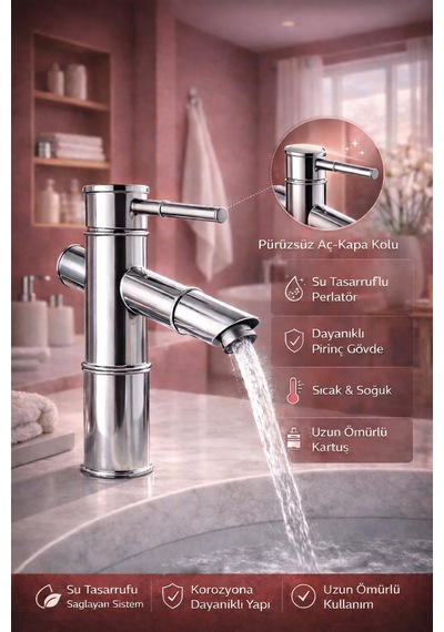 Lüx Premium Krom Bambu Model Modern Banyo Lavabo Bataryası Çeşmesi Musluğu