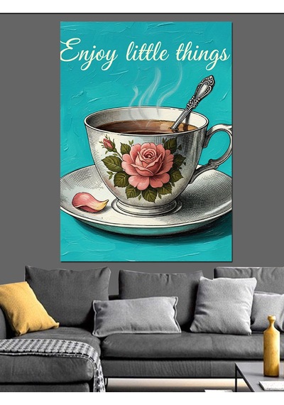 Karizma Tablo Vintage Çay Saati Kupası Dekoratif Kanvas - Mdf Ahşap Tablo