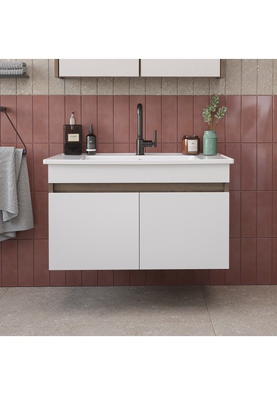 '' Lavabolu '' Mat Mdf 80 Cm Banyo Alt Dolabı Beyaz - Atlantik Çam