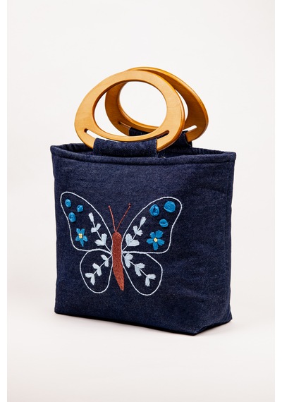 Fabric Craft Bag El Çantası Kot Kumaş Ahşap Saplı Kelebek Nakışlı İçi Astarlı Mıknatıslı 38x30 Cm Kot Lacivert