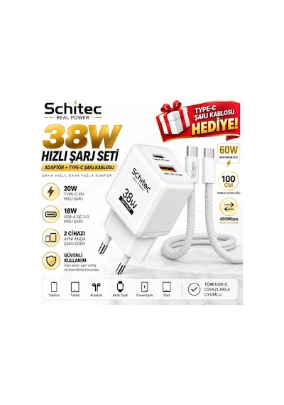 Schitec 38w Çift Çıkışlı Süper Hızlı Şarj Adaptörü Ve 60w Type-c To Type-c Örgülü Hızlı Şarj Kablosu