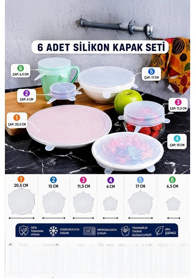 Tıdymat Silikon Tazeliği Koruyan Streç Kapak Seti 6'lı Tekrar Kullanılabilir Gıda Saklama Kapağı/tabak,kase Bonesi
