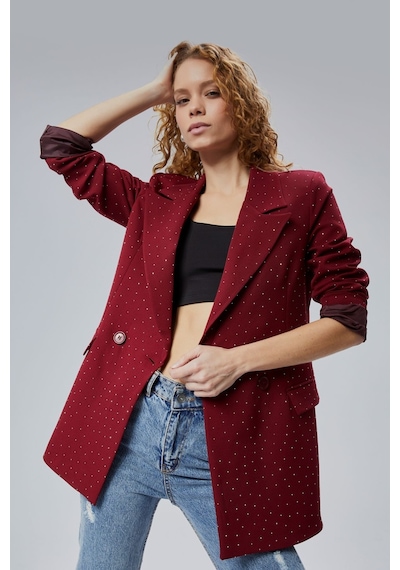 Kadın Regular Dokuma Astarlı Taş Detaylı Blazer Ceket Bordo