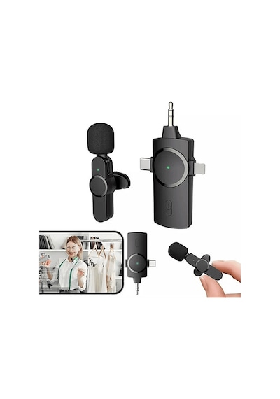 Daytona K9-C1 Wireless 3 IN 1 Kablosuz Type-C Lightning 3.5 MM Jak Tekli Yaka Mikrofonu Siyah