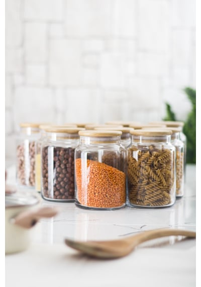 12 Lü Set Bambu Kapaklı Cam Kavanoz & Erzak Saklama Kabı 800 Ml Orta Boy Vakum Kapak Çok Renkli