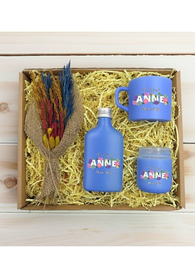 Bk Gift Kişiye Özel İsimli Dtf Anne Temalı Mavi Kahve Fincanı & Kolonya & Mum & El Yapımı Kuru Çiçek Buketi Hediye Seti-3, Anneye Hediye, Anneler Günü