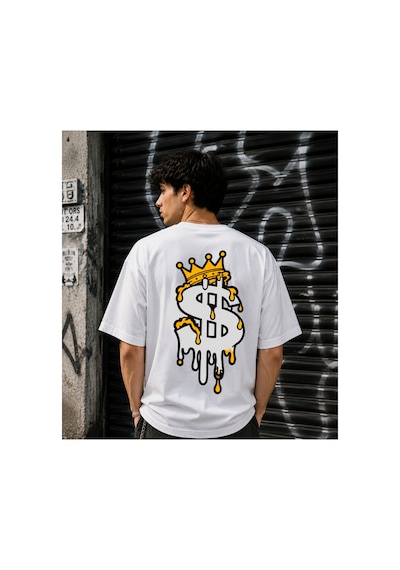 Qmen Style Unisex Beyaz Oversize Baskılı T-shirt Eriyen Dolar %100 Pamuk