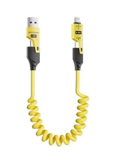 4in1 Spiral Şarj Kablosu 65w Hızlı Şarj - Usb-a Type-c Lightning Çoklu Kablo - Esnek Yay Tasarım - Premium Kalite Çok Fonksiyonlu Data Kablosu Sarı