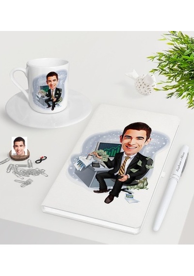 Kişiye Özel Erkek Bankacı Karikatürlü Beyaz Defter Kalem Türk Kah