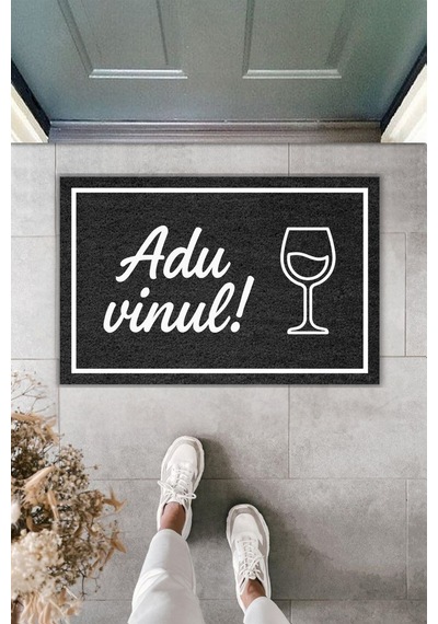 Rugmood Modern Dijital Baskı Adu Vinul Yazılı Kapı Önü Paspası Siyah