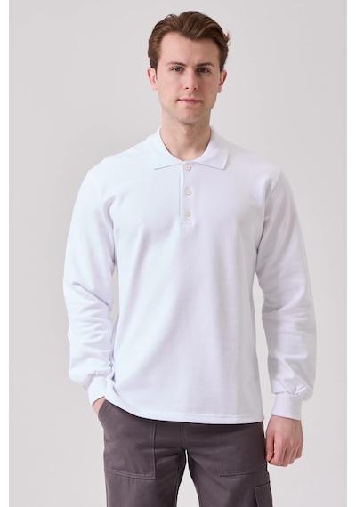 Galanthus Polo Sweat Uzun Kollu Pamuklu Sweatshirt İş Ve Günlük Kullanım İçin Beyaz