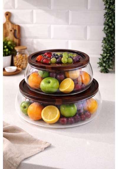 Morponi 2'li Borosilikat Cam Lüks Akasya Kapaklı Cam Kase - Sunumluk-salata Kasesi 18 Cm - 22 Cm Şeffaf