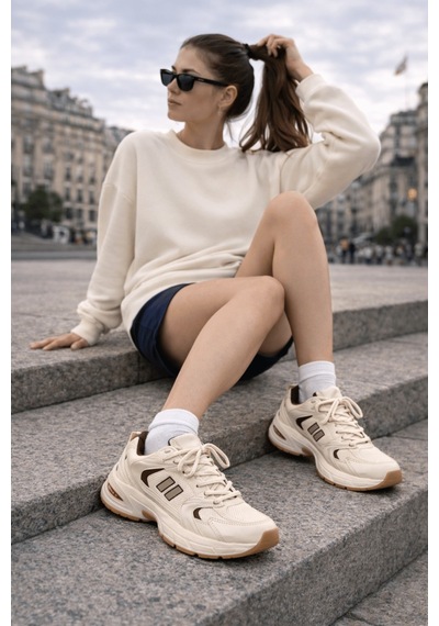 Muggo Shift Kadın Kalın Taban Bağcıklı Günlük Sneaker Spor Ayakkabı Bej