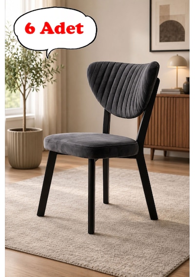 Teknor 6 Adet Elma Sandalye Modern Kadife Kapitone Sırtlı Mutfak Yemek Odası Balkon Kafe Sandalyesi 85 Cm Gri