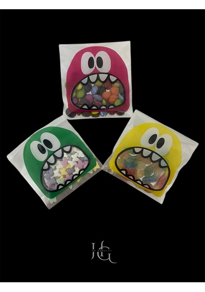 Hg Ambalaj 100 Adet 10x14 Cm Karışık Canavar Figürlü Bantlı Jelatin Poşet, Kurabiye Poşeti 10x10+4