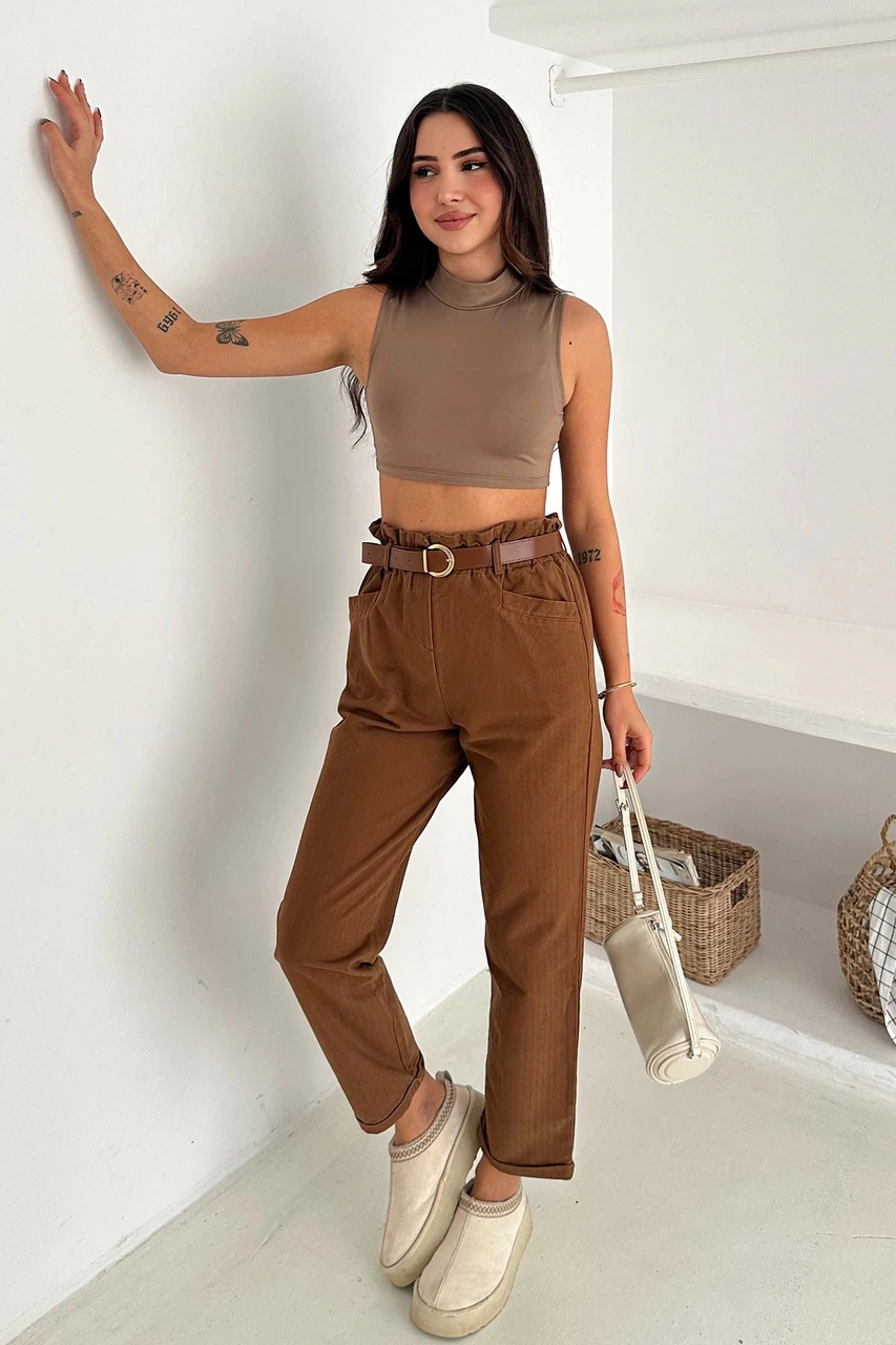 Asprin Fashion Yıkamalı Pamuk Yağmur Gabardin Yüksek Bel Pantolon Kahverengi Kahverengi Asprin Fashion Yıkamalı Pamuk Yağmur Gabardin Yüksek Bel Pantolon Kahverengi Kahverengi