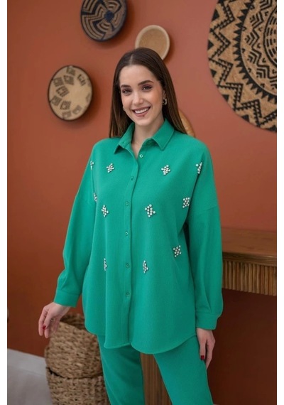 Defymoda Yeşil Gömleği Taşlı Fitilli Takım Yeşil