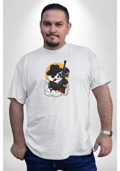 Angemiel Gangster Panda Beyaz Büyük Beden Kadın Erkek Ünisex Basic Ön Baskılı Tişört Beyaz