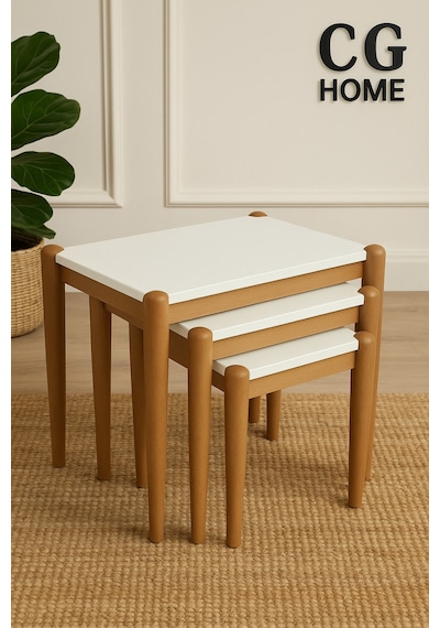 Ant Home Ada Zigon Sehpa Üçlü Lüx %100 Ağaç Lake Boyalı Sehpa Ekru
