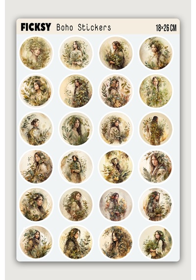 Boho Kadın Portre Sticker Seti - 60 Adet Etiket Çıkartma Diğer