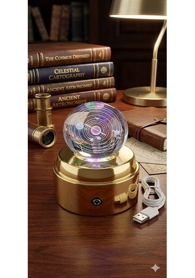 Mobgift 360 Derece Dönen Sarı Led Işıklı Gold Standlı Usb'li Kristal Gezegenler Cam Küre Çok Renkli