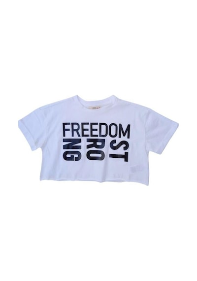 Çikoby Kız Çocuk Pamuklu Sıfır Yaka Kısa Kol Yazılı Crop Tshirt-12104 Beyaz