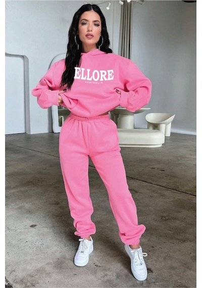 Ellore Australia Eşofman Takımı Sweatshirt Jogger - Pembe Baskılı Oversize Şardonlu Kapüşonlu Pembe Ellore Australia Eşofman Takımı Sweatshirt Jogger - Pembe Baskılı Oversize Şardonlu Kapüşonlu Pembe