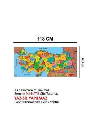 Türkiye Haritası Akıllı Kağıt Tahta Yazı Tahtası Özel Baskılı Renkli Dekoratif 118x56 Cm Beyaz