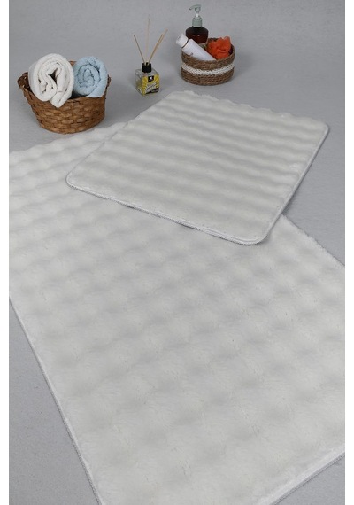 Modern Bubble Yıkanabilir Kaymaz Peluş Banyo Paspası Halısı 2'li Klozet Takımı 50x80-50x40cm Krem Diğer