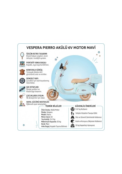 TıfılToys Vespera Pierro Uzaktan Kumandalı 6v Led Işıklı Arka Sepetli Çocuk Akülü Motor/scooter 3-6 Yaş Mavi