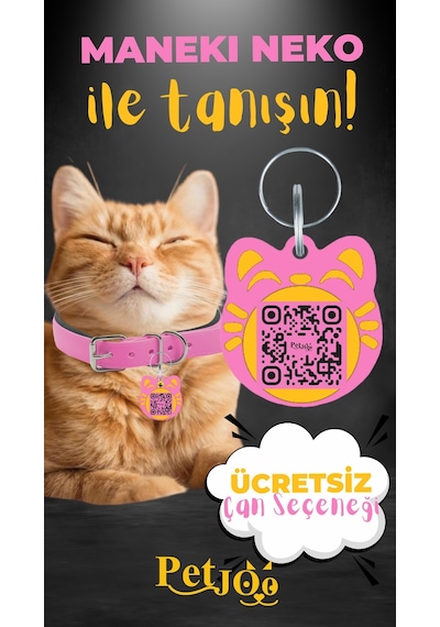 Petjoo 4.Maneki Neko Sarı-Pembe Qr'lı Kedi Künyesi