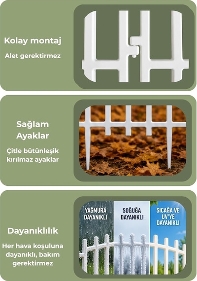 Maxi Boy Yükseklik 62 Cm Dekoratif Çift Taraflı Beyaz Peyzaj Plastik Bahçe Çiti 20 Adet Çit