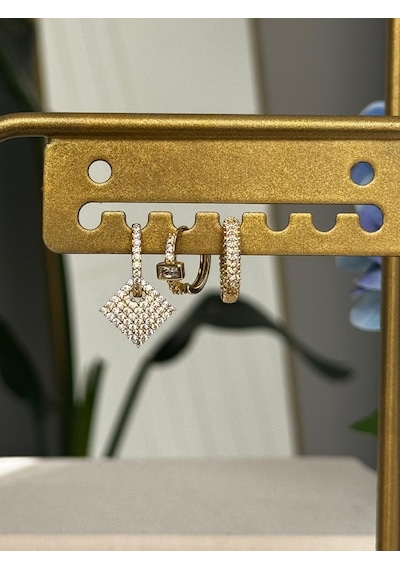 Taş İşleme Detaylı Gold 3'lü Set Küpe Altın