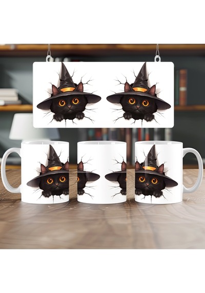 Halloween Kedi Figürlü Kupa Bardak 3 Boyutlu Tasarım Kabartmasız Beyaz