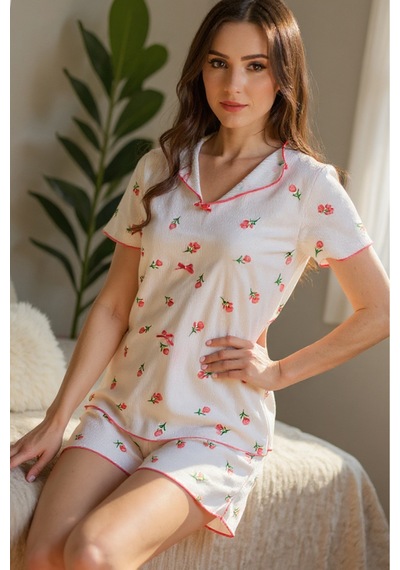 Bella Notte Ekru Çiçek Baskılı Pamuklu Şortlu Pijama Takımı