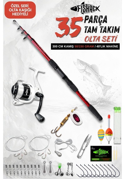 35 Parça Tam Takım Olta Seti - 300cm Kamış 50-150gr / 40'luk Makine Bordo