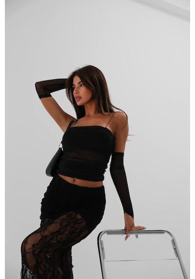 Vuvutasarım Yeni Sezon Kolluk Detaylı Askılı Kadın Tül Bluz 24s15025 Siyah