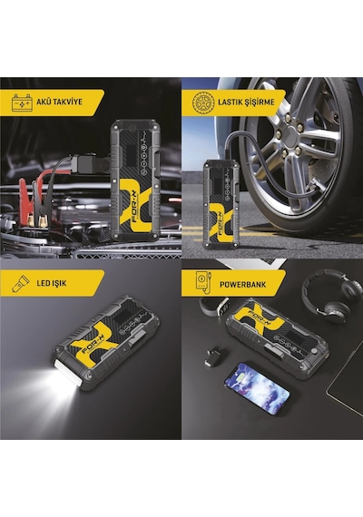 For-x Taşınabilir Şarjlı Jump Starter - For-x X-12000a Akü Takviyesi + Lastik Şişirici + Powerbank +
