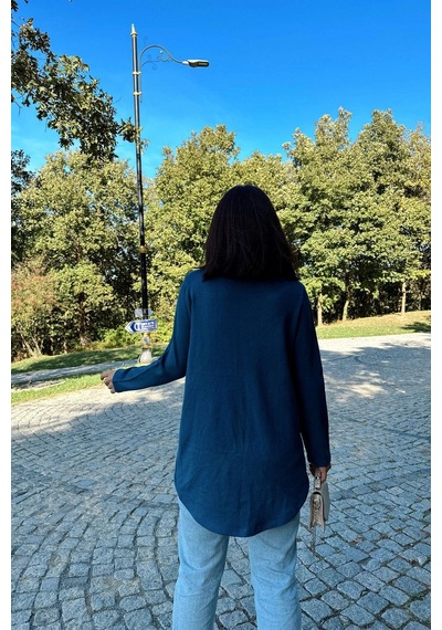 WeShaya Kadın İndigo Asimetrik Kesim, Düğmeli, Salaş Hırka Bluz ZÜMRÜT