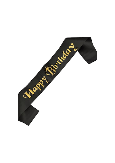 Happy Birthday Kuşak Saten Siyah Üzeri Altın Baskılı Doğum Günü Kuşağı Diğer