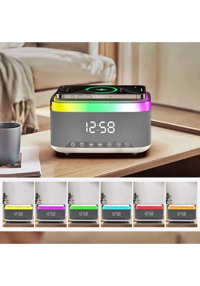 Rgb Işıklı Bluetooth Hoparlör - Dijital Saat, Kablosuz Şarj Ve Çok Renkli Led Aydınlatma