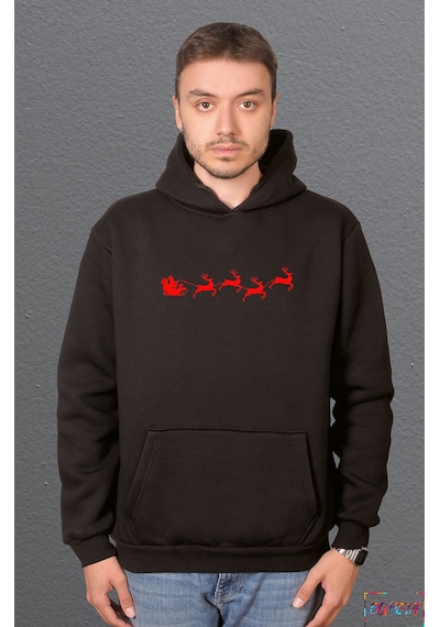 Bumeta Yılbaşı Santa Claus Geyik Silüet Noel Baba Baskılı Sweatshirt Unisex Kapüşonlu Hoodie Siyah