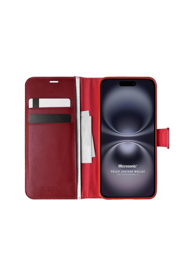 Microsonic Apple iPhone Uyumlu 16 Kılıf Delux Leather Wallet Kırmızı -