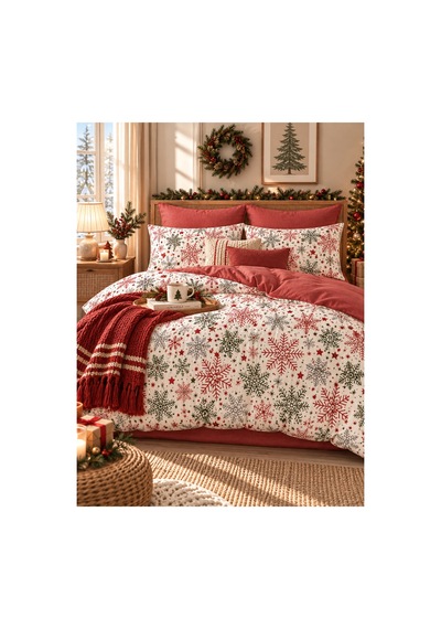 Lastikli Çarşaflı Çift Kişilik Nevresim Takımı Christmas Red Kırmızı Bej Yeşil