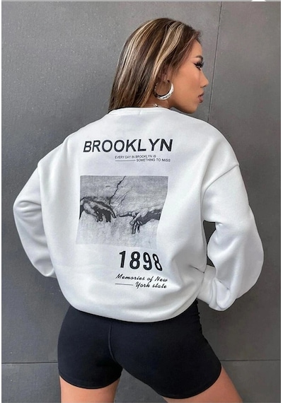 Tarzsokak Beyaz Oversize Brooklyn 1898 Baskılı Bisiklet Yaka Kapşonsuz Pamuklu Sweatshirt
