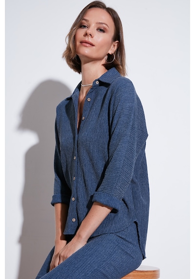 Lela Streç Regular Fit Dokulu Bayan Gömlek 5865975 Indigo